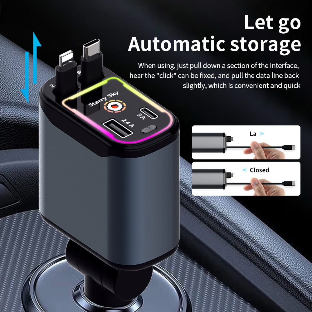 4 In 1 Retractable Car Charger Starlight In Car Roof, Car Accessories, 2 Fast Charging cables&Dual Charge Port Compatible with iPhone 16/15/14/13/12/11 Pro Max Plus/iPad/AirPods, Samsung Galaxy S series, Electronic Retractable Car type c charger lights