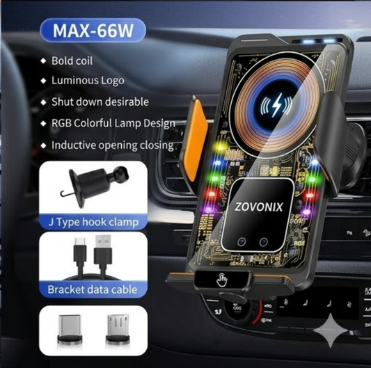 ZOVONIX Max 66W Magnetic Car Mobile Phone Holder 15W Wireless Fast Charging Infrared Sensing with Light Touch Control for iPhone Android