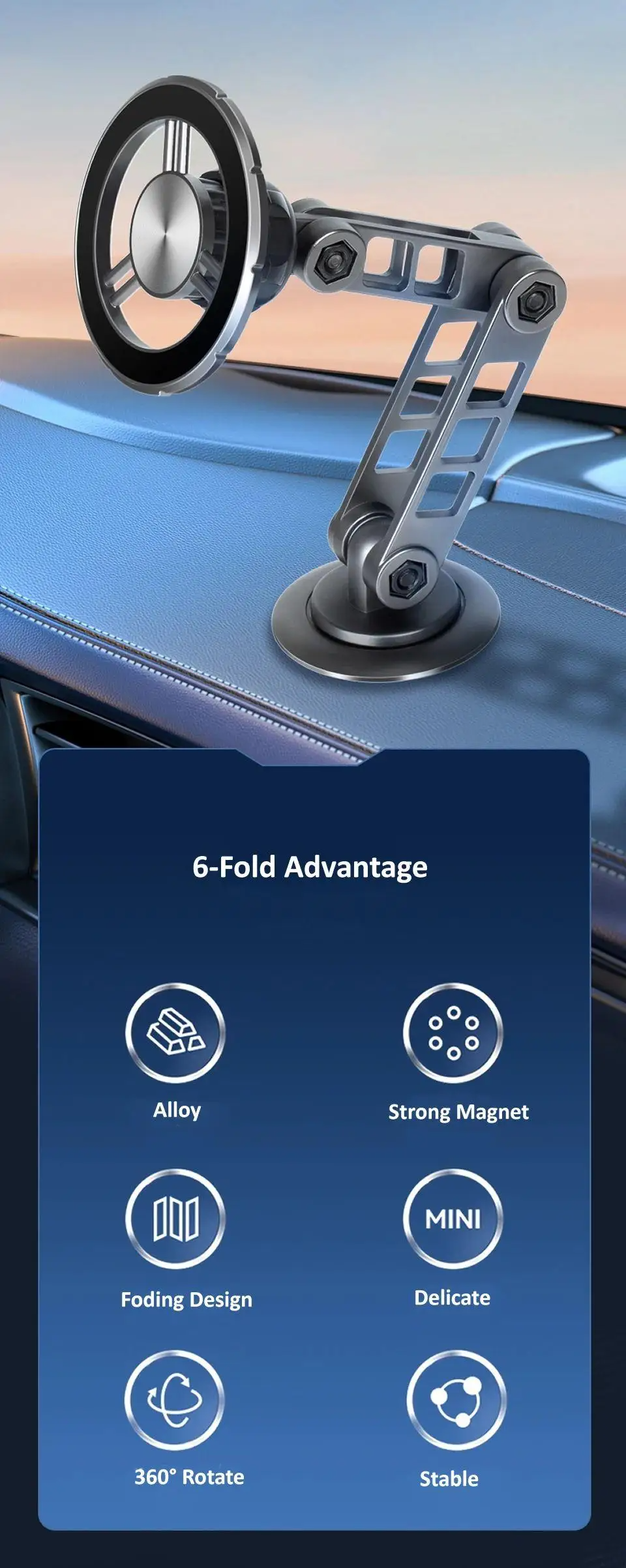 ZOVONIX Metal long arm Magnetic Car Phone Holder 360 Rotating Dashboard Phone Stand Hands-Free Adjustable Foldable Car Phone Holder For Desk Hands-Free samsung s20 magnetic phone mount cell phone holder Universal