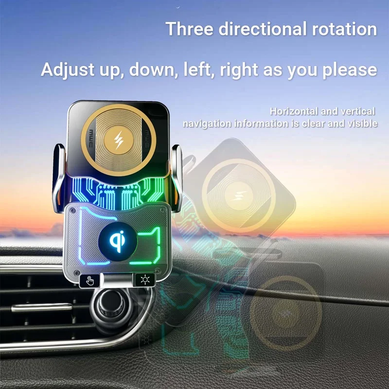 15W Universal Car Wireless Charger Stand Touch to Auto to Oprtation Ambient Light Mount for iPhone 17 16 15 14 Samsung S26 Cars