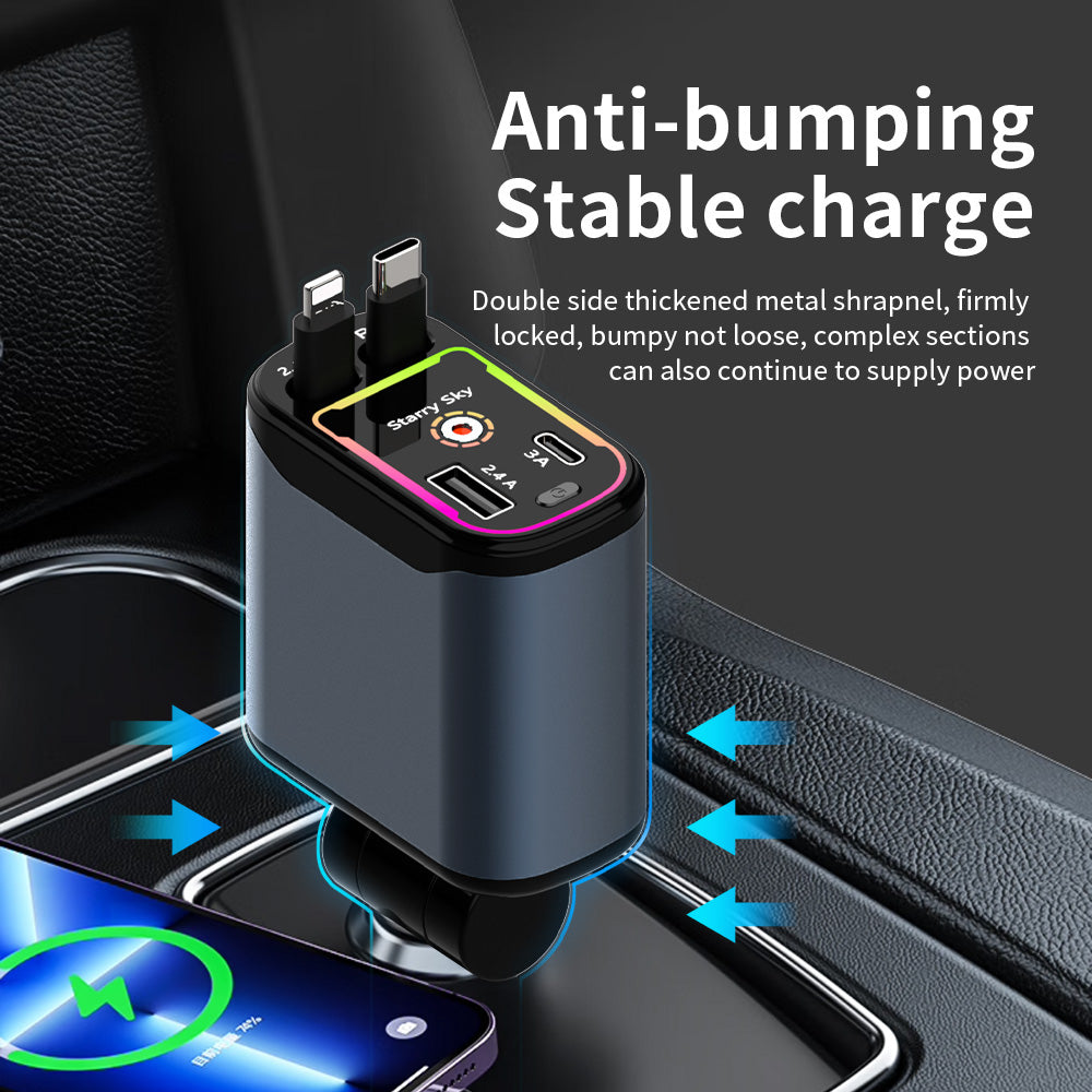 4 In 1 Retractable Car Charger Starlight In Car Roof,  Car Accessories, 2 Fast Charging cables&Dual Charge Port Compatible with iPhone 16/15/14/13/12/11 Pro Max Plus/iPad/AirPods, Samsung Galaxy S series, Electronic Retractable Car type c charger lights