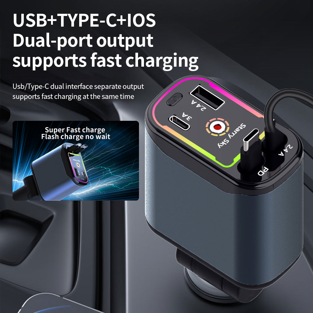 4 In 1 Retractable Car Charger Starlight In Car Roof,  Car Accessories, 2 Fast Charging cables&Dual Charge Port Compatible with iPhone 16/15/14/13/12/11 Pro Max Plus/iPad/AirPods, Samsung Galaxy S series, Electronic Retractable Car type c charger lights