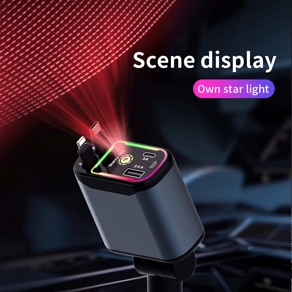 4 In 1 Retractable Car Charger Starlight In Car Roof,  Car Accessories, 2 Fast Charging cables&Dual Charge Port Compatible with iPhone 16/15/14/13/12/11 Pro Max Plus/iPad/AirPods, Samsung Galaxy S series, Electronic Retractable Car type c charger lights