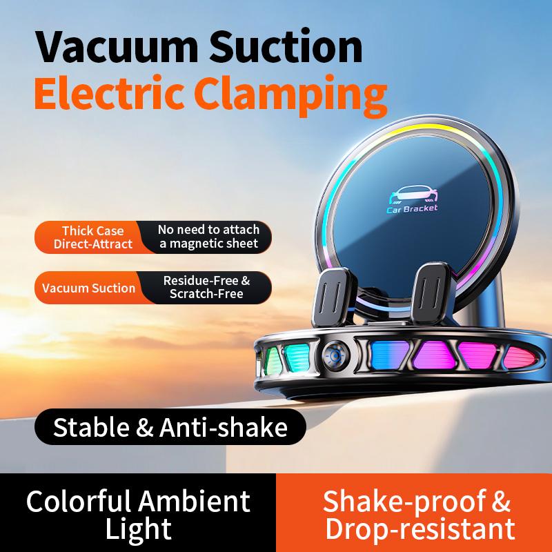 2026 Newest RGB Ambient Light Magnetic Wireless Car Charger - 360° Rotatable Vacuum Suction Car Phone Mount, Anti-Shake Auto-Lock Dashboard Holder, Futuristic Interior Accessory