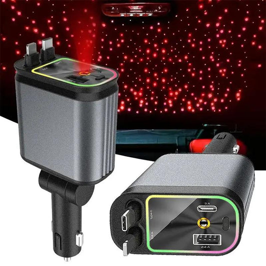 4 In 1 Retractable Car Charger Starlight In Car Roof,  Car Accessories, 2 Fast Charging cables&Dual Charge Port Compatible with iPhone 16/15/14/13/12/11 Pro Max Plus/iPad/AirPods, Samsung Galaxy S series, Electronic Retractable Car type c charger lights