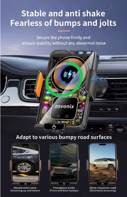 ZOVONIX Max 66W Magnetic Car Mobile Phone Holder 15W Wireless Fast Charging Infrared Sensing with Light Touch Control for iPhone Android