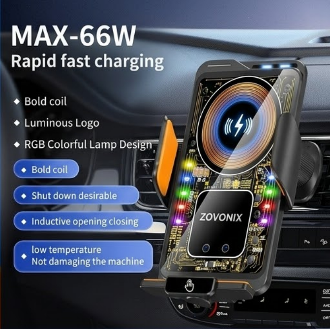 ZOVONIX Max 66W Magnetic Car Mobile Phone Holder 15W Wireless Fast Charging Infrared Sensing with Light Touch Control for iPhone Android
