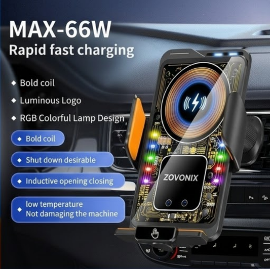ZOVONIX Max 66W Magnetic Car Mobile Phone Holder 15W Wireless Fast Charging Infrared Sensing with Light Touch Control for iPhone Android